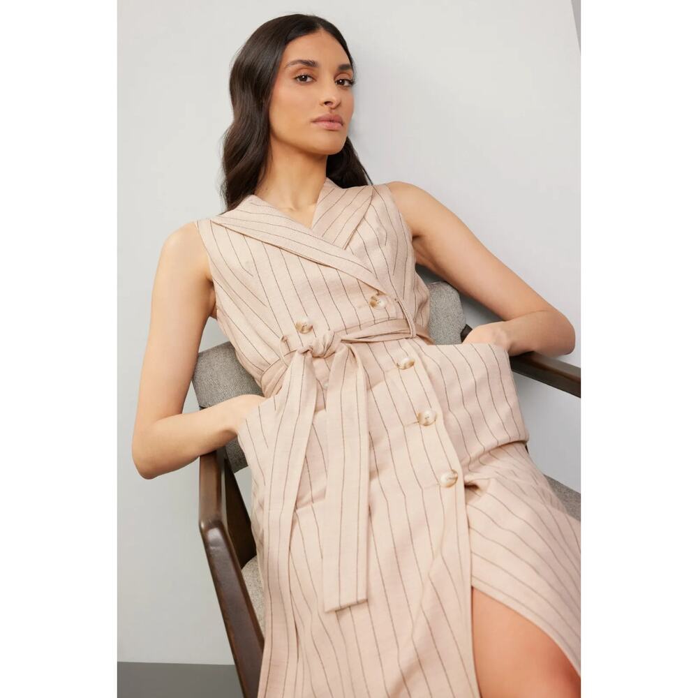 Reiss Andie Striped Linen Wool Blend Wrap Midi Dress Double Breasted Sz 14